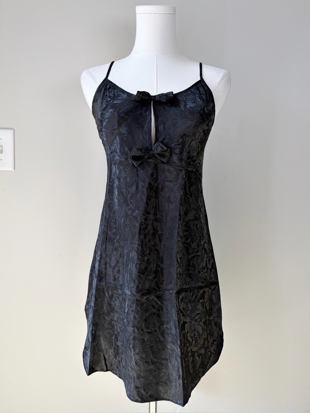 Deadstock Vintage Amelia’s Black Satin Floral Jacquard Bow Detail Slip Dress